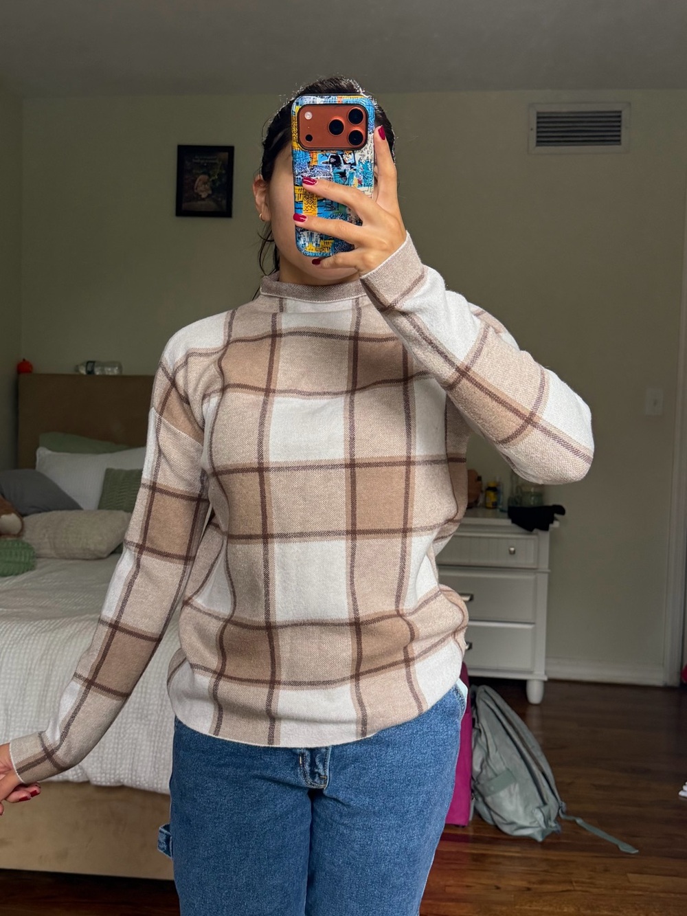Tahari Plaid Mock Neck Sweater - Cream & Brown